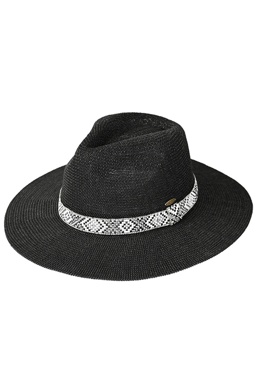 Black C.C Aztec Beads Trim Band Panama Hat features distinctive Aztec beaded trim, combining traditional weaving techniques with contemporary design elements. The breathable construction offers superior sun protection while maintaining comfort during extended wear. Versatile enough for both casual outings and resort attire, this C.C. hat delivers exceptional quality with attention to authentic detailing. 