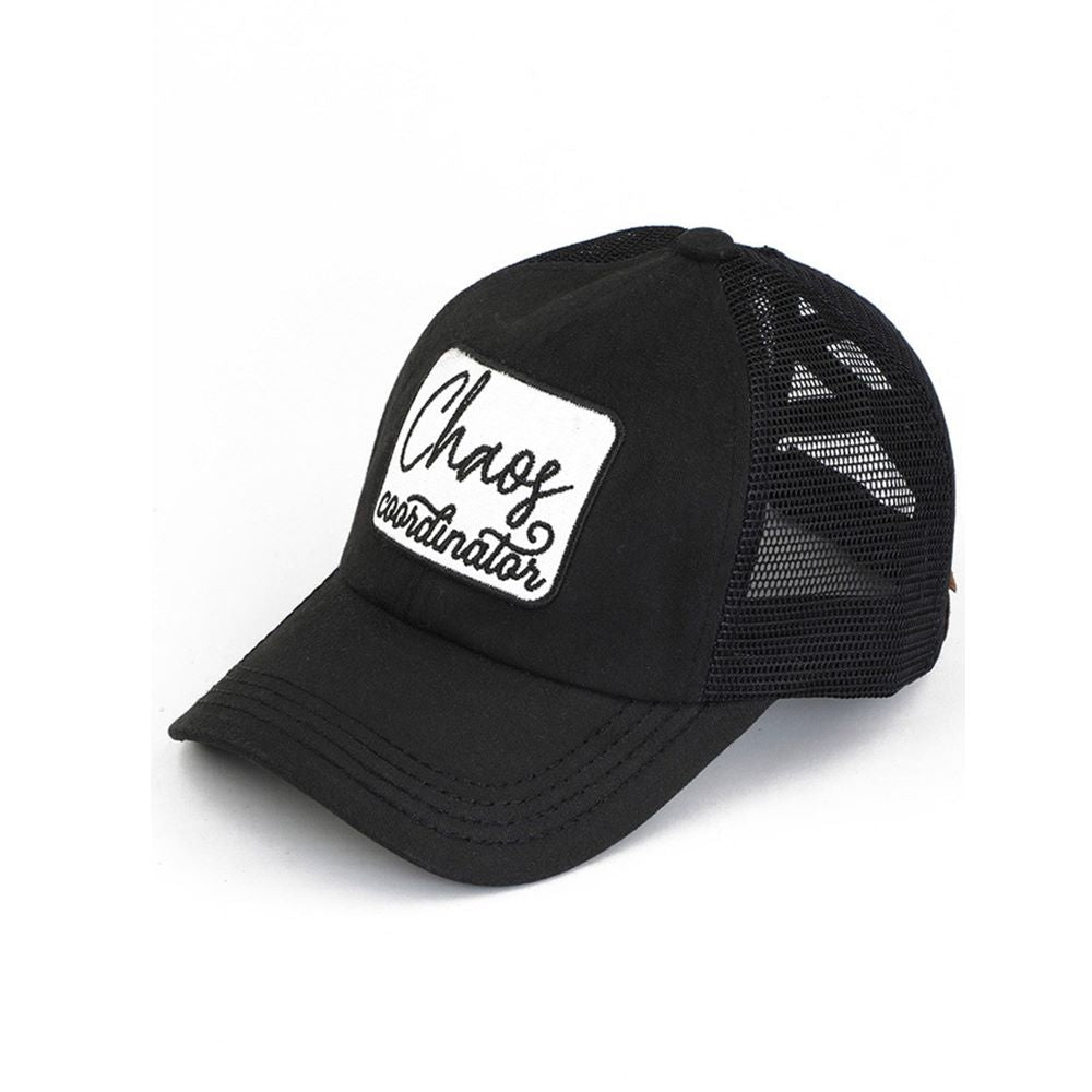 Black C.C CHAOS COORDINATOR PATCH PONY CAP is the perfect accessory for any outfit. Made with high-quality materials, it features a stylish patch design and a comfortable ponycap fit. Stay organized and stylish with this practical and on-trend cap.