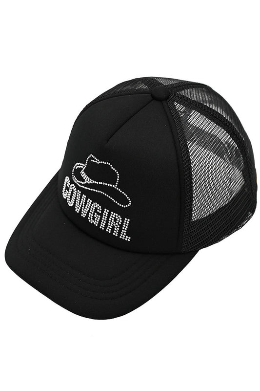 Black C.C COW GIRL Rhinestone Trucker Cap features a stylish design and durable construction. With its rhinestone embellishments, this cap adds a touch of sparkle to any outfit. Stay cool and protected from the sun with its trucker-style mesh back. Perfect for any cowgirl or fashionista in need of a chic accessory.