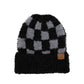 Black C.C Checkered Pattern Boucle Cuff Beanie, stay warm and fashionable with this stylish beanie. The soft boucle accent adds a delightful touch of fun to any outfit. Awesome winter gift accessory for birthdays, Christmas, holidays, anniversaries, or Valentine's Day to your friends, family, and loved ones.