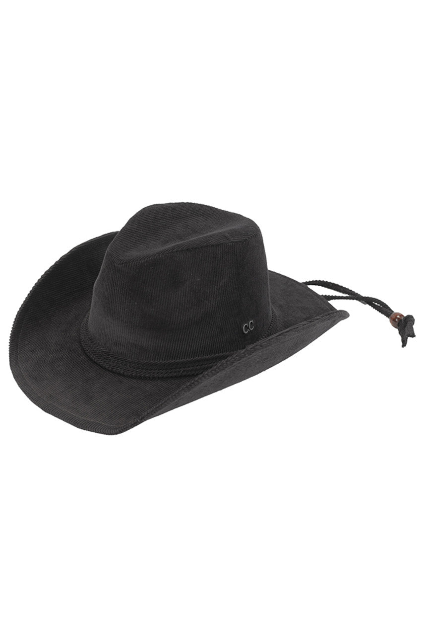 Black C.C Chin Straps Corduroy Cowboy Hat is a stylish and practical accessory for any outdoor enthusiast. Made with durable corduroy material, this hat is perfect for protecting your face and neck from the sun's harmful rays. The chin straps provide a secure fit, making it perfect for all your adventures.
