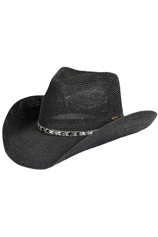 Black C.C cowboy hat features a stunning rhinestone trim band, adding a touch of glamour to any outfit. Made with high-quality materials, this hat is durable and stylish, making it the perfect accessory for any outdoor event or ranch adventure. Stay protected from the sun while looking chic with this C.C cowboy hat.
