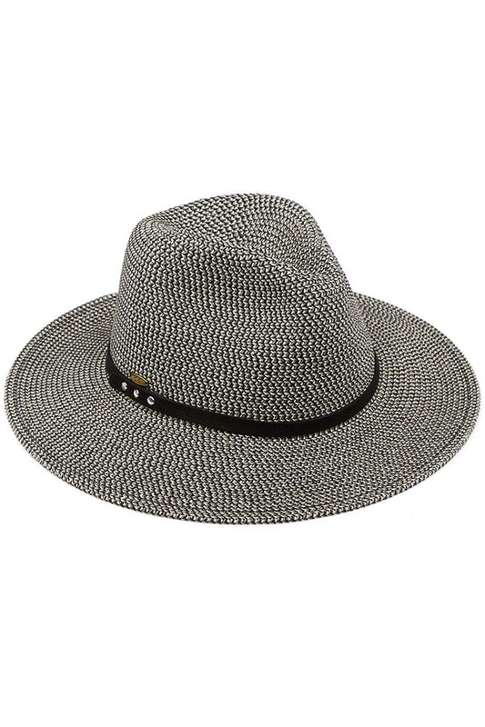 Black C.C Suede Band Trim Panama Sun Hat offers both style and functionality. Its suede band trim adds a touch of elegance, while its panama design protects you from the sun's harmful rays. Made with high-quality materials, this hat is a must-have for your sunny adventures. 