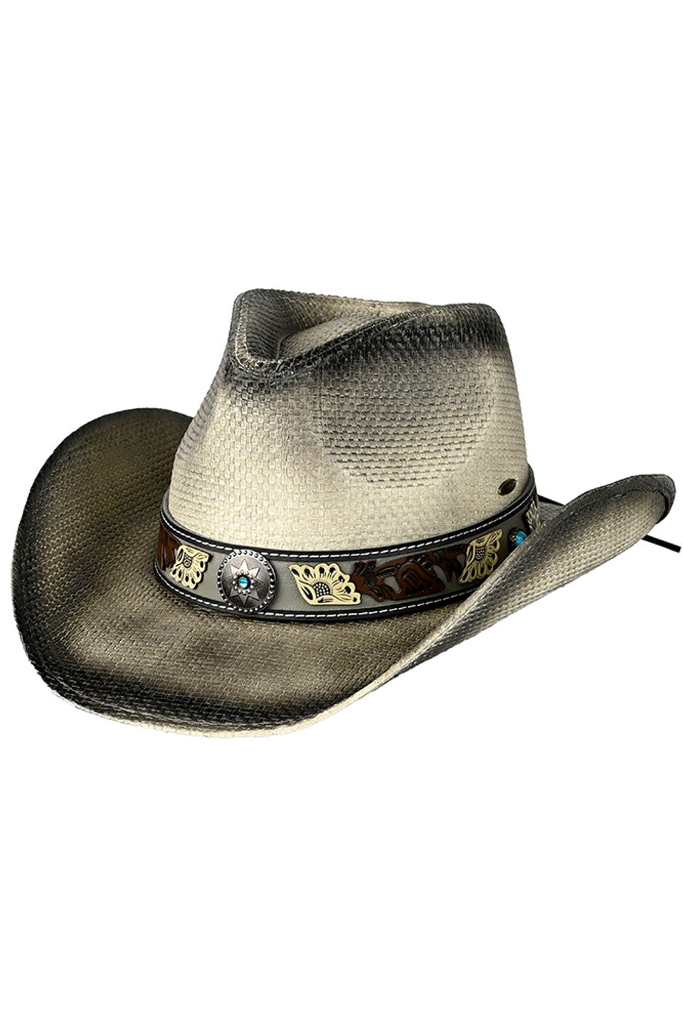 Black C.C. Vegan Leather Tea-Stained Cowboy Hat features high-quality vegan leather with a distinctive tea-stained patina that replicates the appearance of aged authentic leather. The precision-crafted crown maintains structural integrity while the brim offers customizable shaping to suit individual preferences. Ethically produced without animal derivatives, this hat delivers the classic Western aesthetic with superior durability and environmental consciousness.
