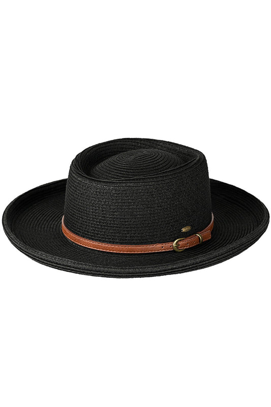 Black C.C Vegan Leather Trim Boater Hat is a stylish accessory that will elevate any outfit. Made with vegan leather trim, this hat adds a touch of luxury while being cruelty-free. Its boater style not only looks fashionable but also provides excellent sun protection.