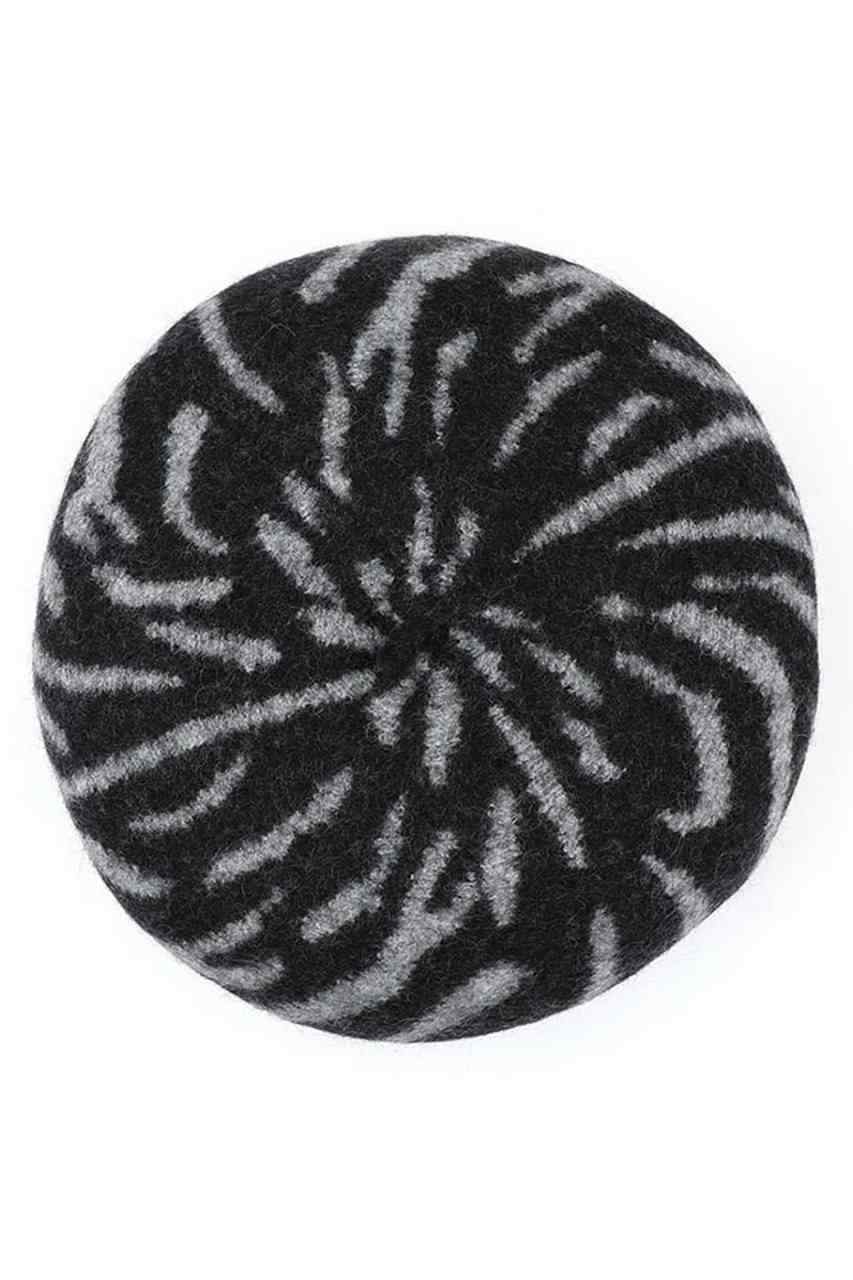 Black C.C Zebra Wool Beret Beanie merges traditional craftsmanship with contemporary design. Constructed from high-quality wool fibers, this headwear provides exceptional thermal regulation while the distinctive zebra pattern offers visual interest. The beret silhouette delivers a sophisticated profile that complements diverse facial structures and outfitting choices, making it an essential cold-weather accessory for the discerning consumer.
