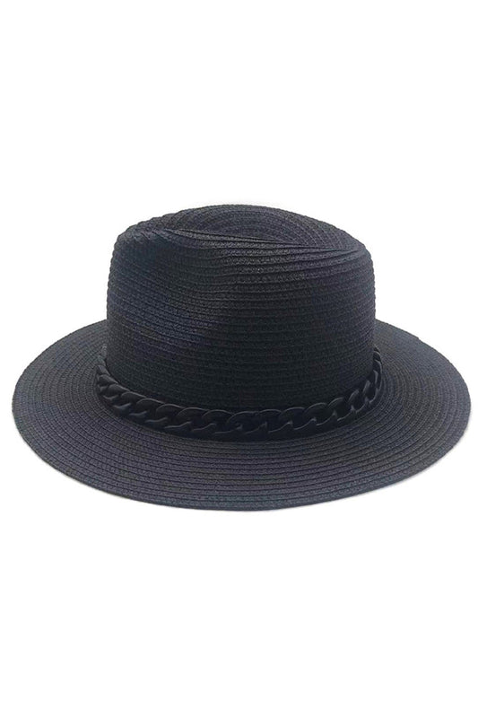 Black Chain Band Panama Hat represents the pinnacle of hatmaking craftsmanship, featuring meticulous hand-weaving techniques that create an exceptionally balanced texture and form. The signature metal chain embellishment provides both structural reinforcement and distinctive visual contrast against the natural straw. It's precisely calibrated brim offers optimal sun protection without compromising the hat's refined silhouette. 