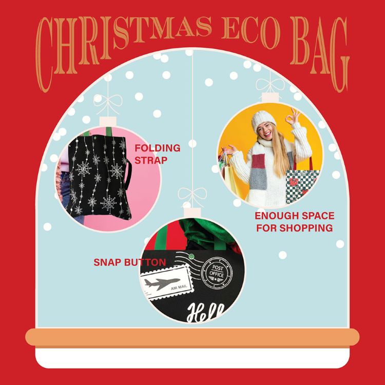 Reusable Christmas tote bag featuring a festive holly and berry print. Ideal for holiday shopping, gifting, or seasonal outings. Durable and stylish, it's a cheerful addition to your holiday essentials.