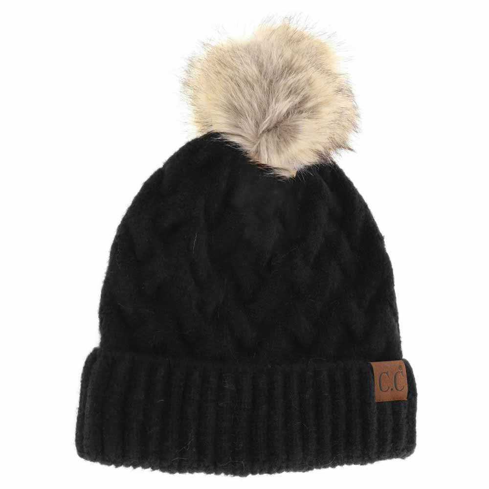 Black Chunky Braided Cable Knit Fur Pom C.C Beanie combines classic craftsmanship with modern warmth. Expertly knit with thick braided cables, this beanie provides robust insulation against cold weather. The plush fur pom adds a refined, textured accent, enhancing both style and comfort. Designed for a snug yet flexible fit, it offers reliable protection for winter activities while elevating your everyday cold-weather wardrobe. 
