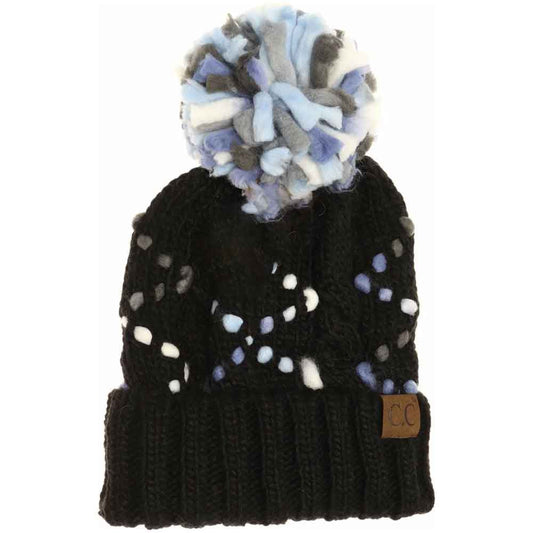 Black C.C Knitted Lining Beanie With Chunky Jumbo Yarn Pom Warm Winter Hat; reach for this classic toasty hat to keep you nice n warm in the chilly winter weather, the wintry touch finish to your outfit. Perfect Gift Birthday, Christmas, Holiday, Anniversary, Stocking Stuffer, Secret Santa, Valentine's Day, Loved One, BFF