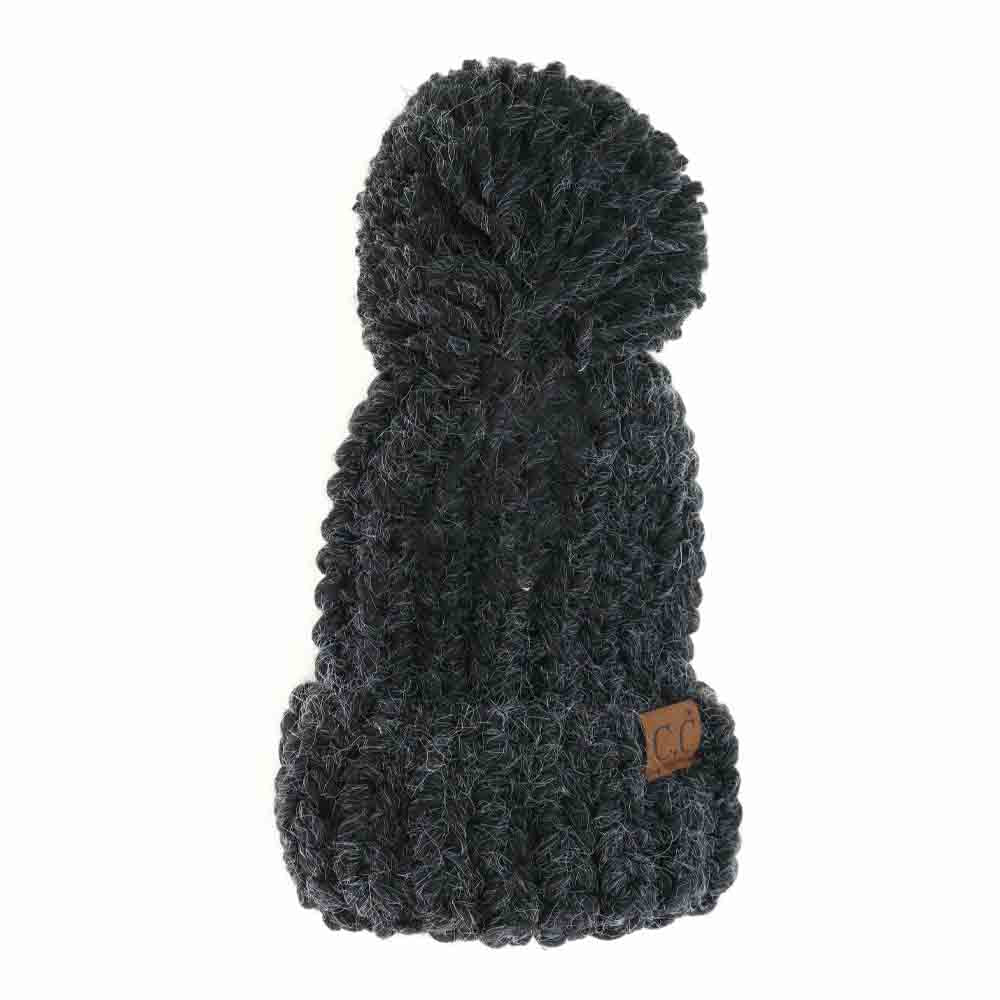Chunky Knit Yarn Pom C.C Beanie - Black - Beanies