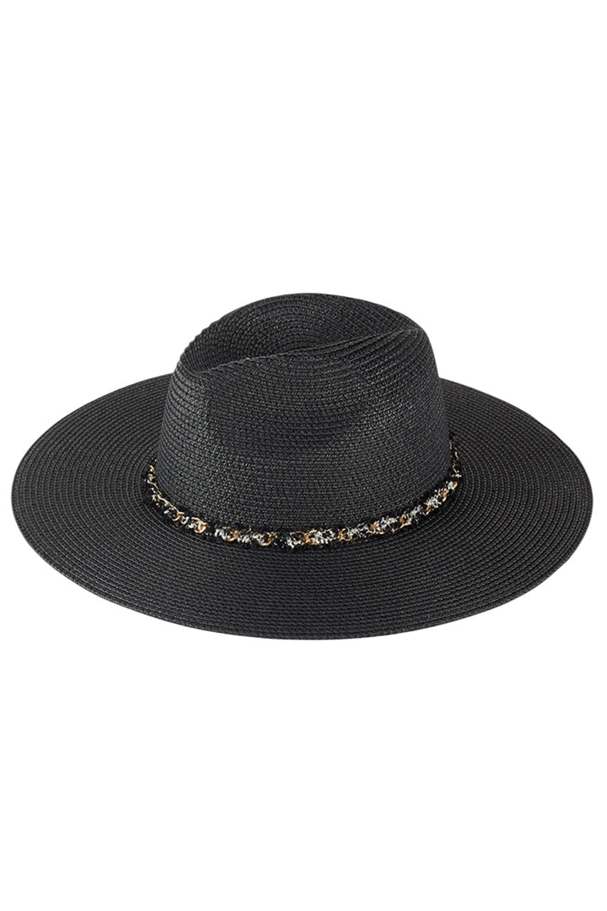 Black Confetti Braided Chain Band hat combines sophisticated design with summer functionality. The distinctive braided chain band adds an elegant accent while providing superior sun protection. The lightweight construction ensures all-day comfort, making it an essential accessory for beach outings, garden parties, or casual summer strolls.