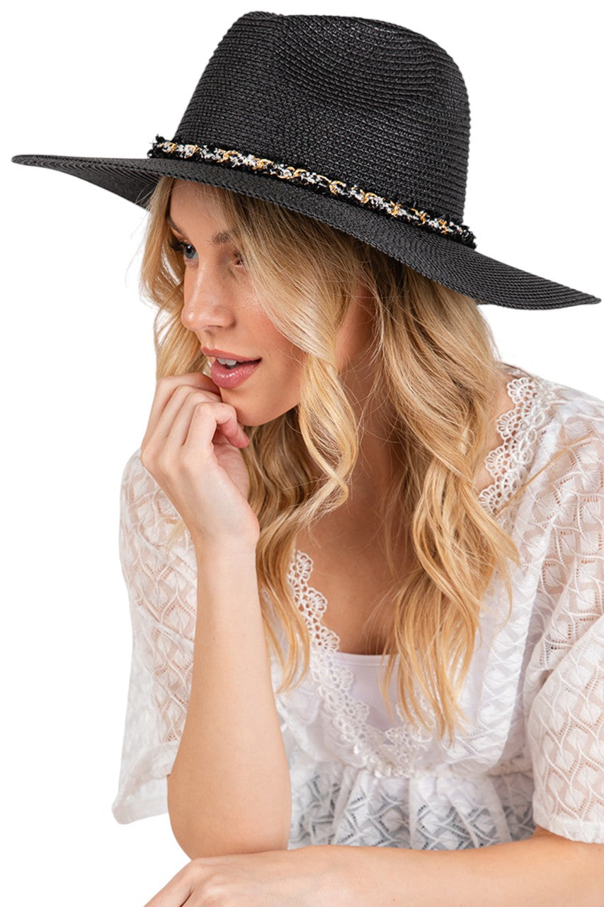 Black Confetti Braided Chain Band hat combines sophisticated design with summer functionality. The distinctive braided chain band adds an elegant accent while providing superior sun protection. The lightweight construction ensures all-day comfort, making it an essential accessory for beach outings, garden parties, or casual summer strolls.