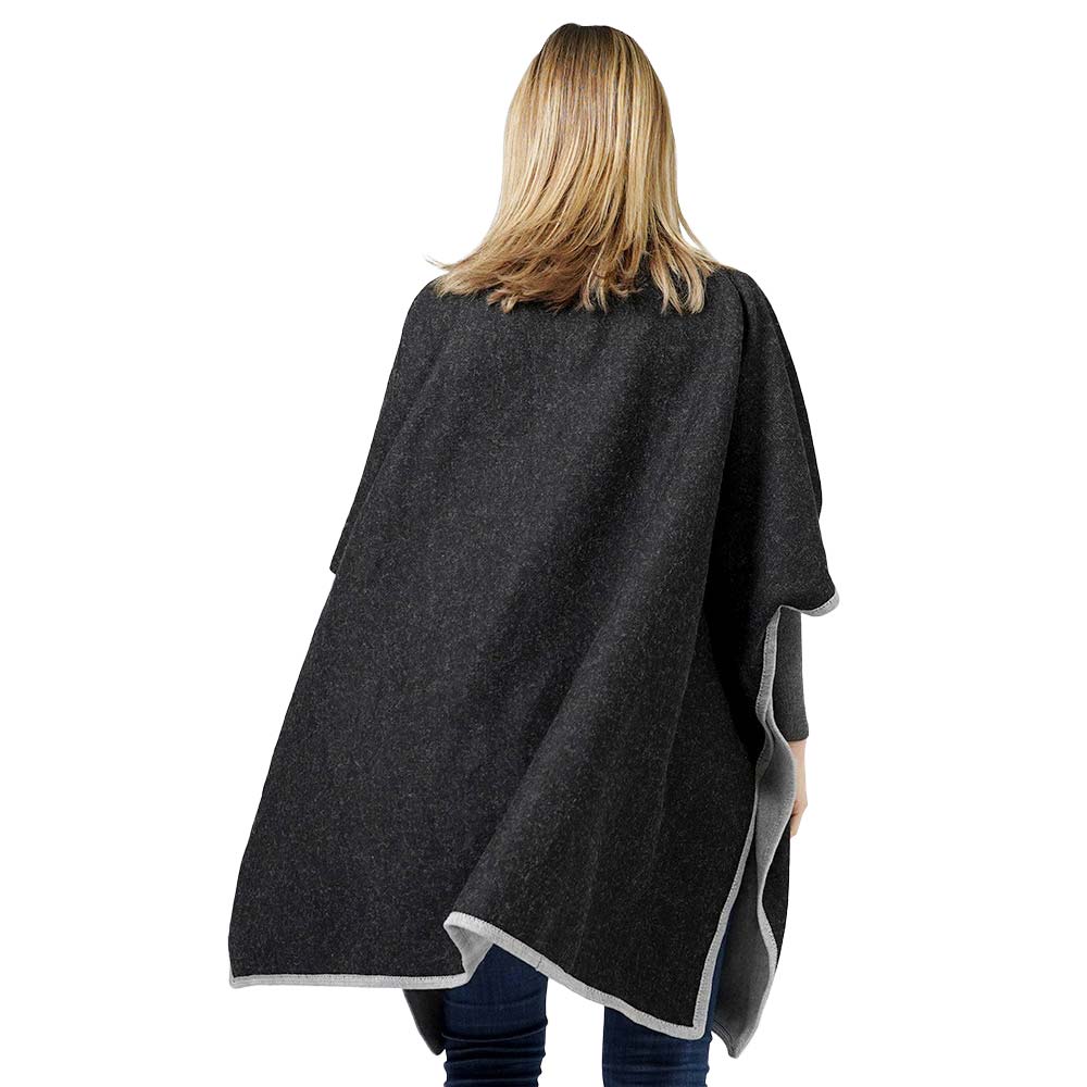 Black Contrast Trimmed Zip Up Cape Poncho, is delicate, warm, on-trend & fabulous, a luxe addition to any cold-weather ensemble. Great for daily wear in the cold winter to protect you against the chill, classic infinity-style zip-up poncho. Perfect Gift for wife, mom, birthday, holiday, etc.