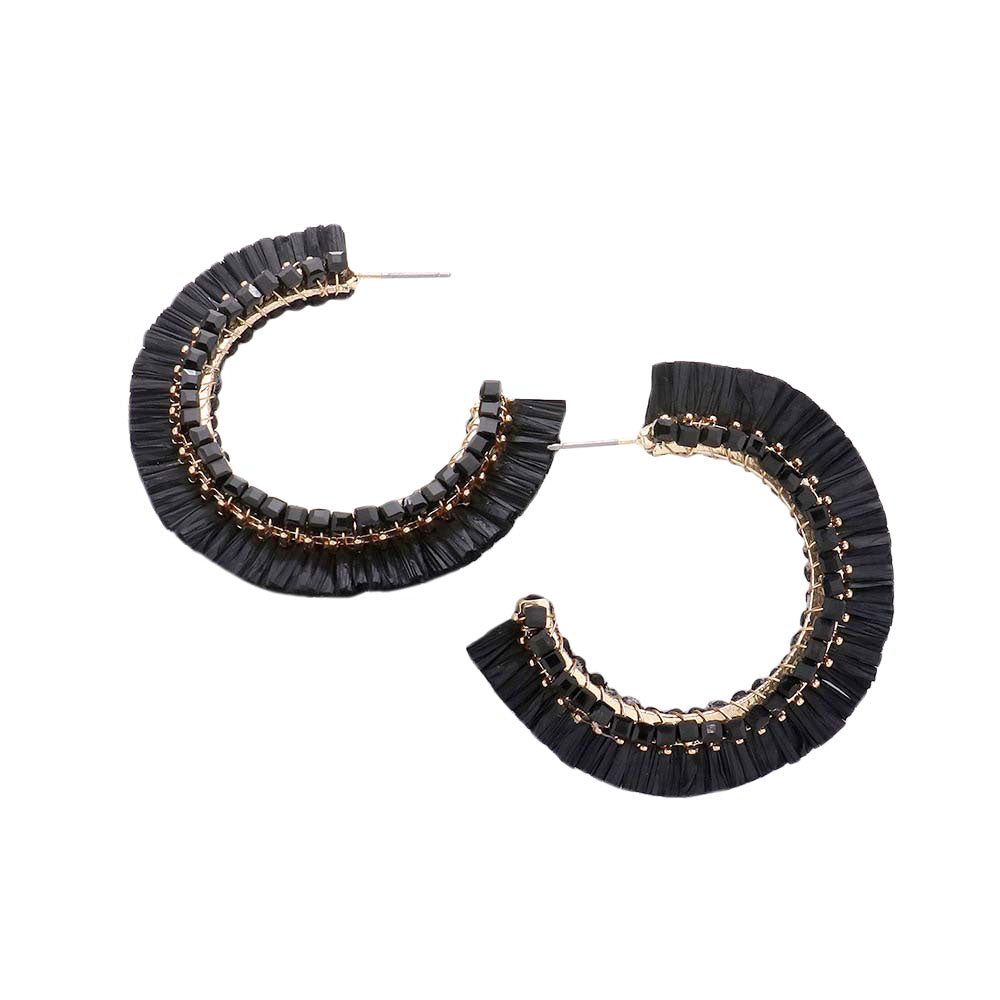 Black Cube Bead Embellished Raffia Hoop Earrings, turn your ears into a chic fashion statement with these raffia hoop earrings! The beautifully crafted design adds a gorgeous glow to any outfit. Put on a pop of color to complete your ensemble in perfect style.