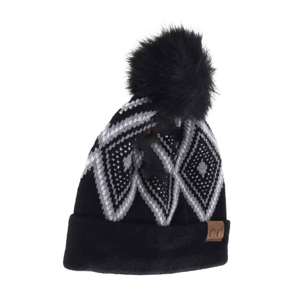 Black  Diamond Geometric Pattern Faux Fur Pom C.C Beanie combines stylish design with cozy warmth. Crafted with a soft faux fur pom-pom and featuring a distinctive diamond geometric pattern, it offers both fashion-forward appeal and comfort. Ideal for chilly days, this beanie provides a snug fit that helps retain heat while adding a sophisticated touch to your winter wardrobe. 