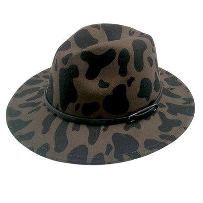 Faux Leather Band Cattle Patterned Panama Hat - Black - Panama Hat
