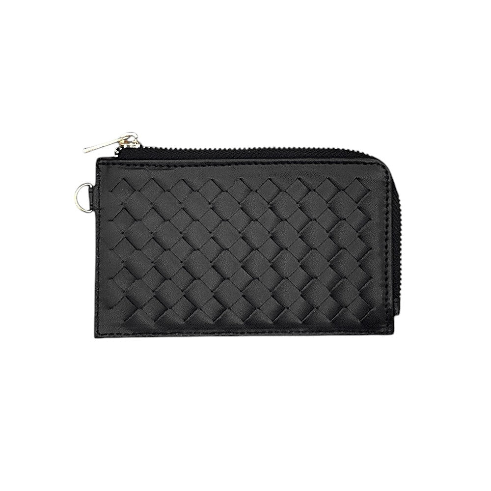 Faux Leather Basket Weave Flat Card Holder Wallet with Wristlet - Black - Wallets