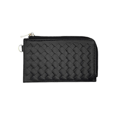 Faux Leather Basket Weave Flat Card Holder Wallet with Wristlet - Black - Wallets
