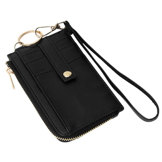 Faux Leather Basket Weave Flat Card Holder Wallet with Wristlet - Wallets