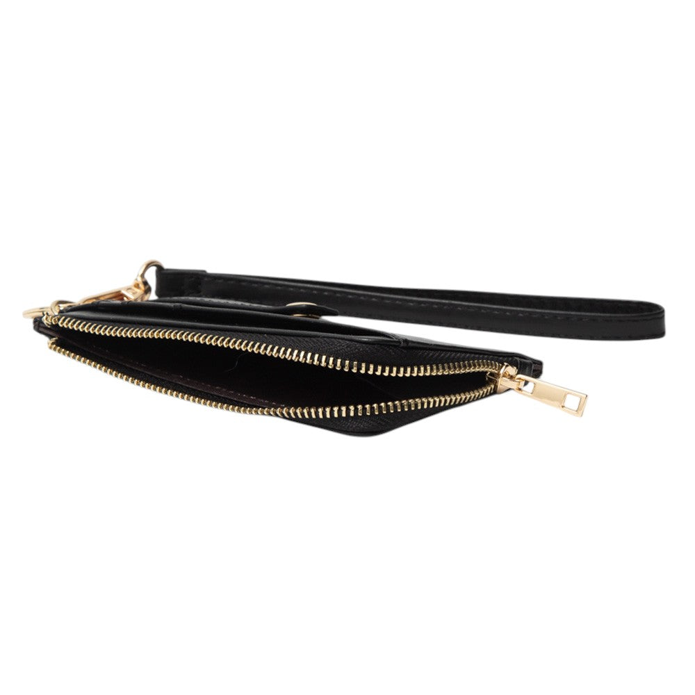 Faux Leather Basket Weave Flat Card Holder Wallet with Wristlet - Wallets