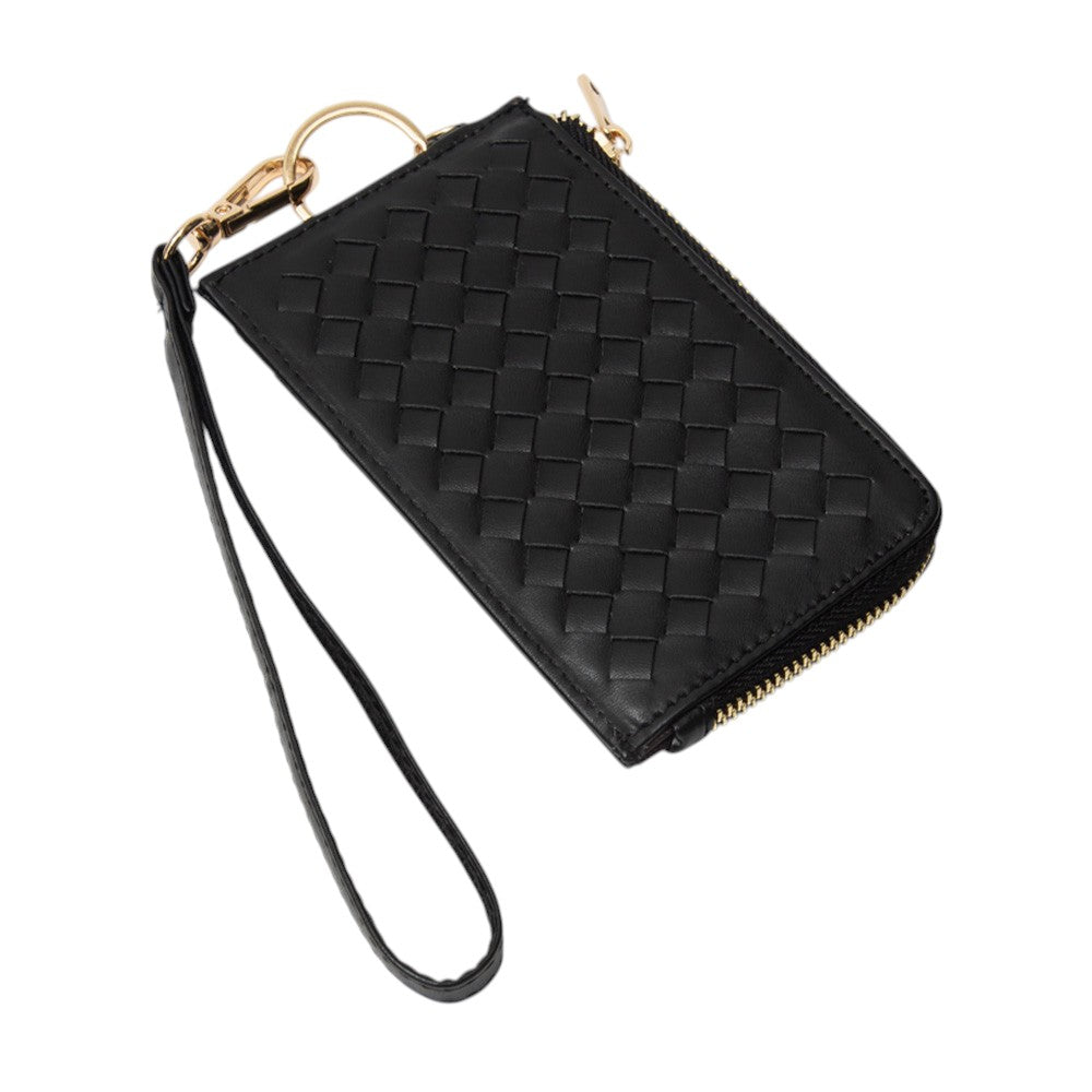 Faux Leather Basket Weave Flat Card Holder Wallet with Wristlet - Wallets