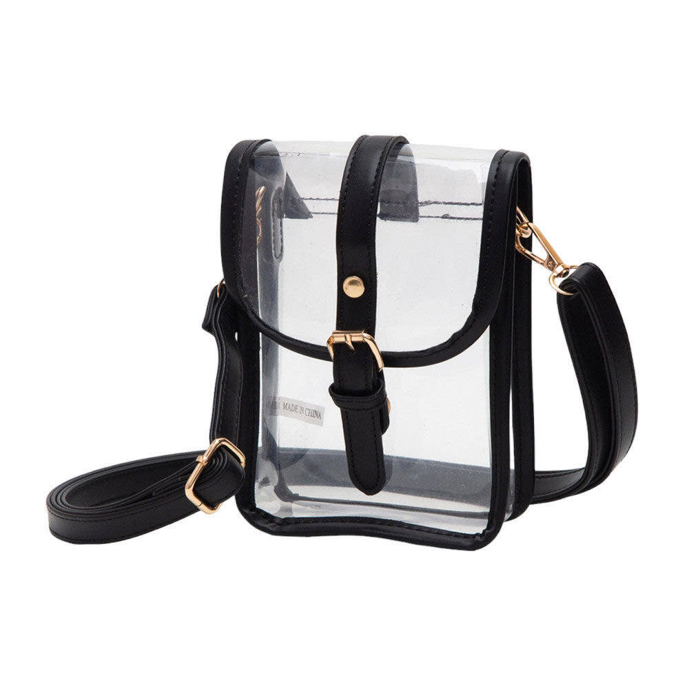 Black-Faux Leather Belt Buckle Pointed Transparent Crossbody Bag , Expertly crafted from faux leather, this crossbody bag features a unique pointed design and transparent material, making it a modern and fashionable accessory. The belt buckle adds a touch of edginess, while the spacious interior allows for convenient storage