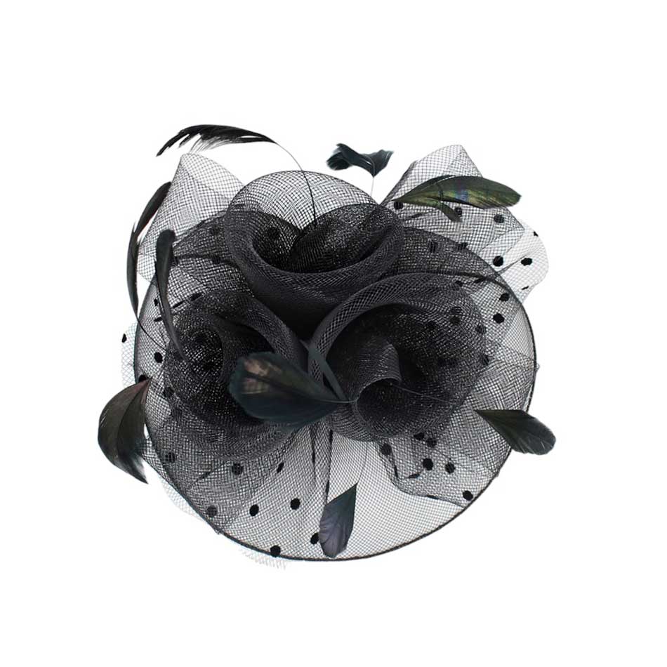 Black Feather Mesh Flower Fascinator Headband, Accentuate your look with this. Crafted with mesh and feathers, this headband brings an elegant touch to any outfit. The unique flower shape gives it a timeless and classic look. Perfect for gifting, any occasion, or everyday wear.