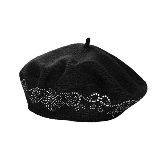 Black-Flower Bling Studded Beret Hat, A stylish accessory for any outfit. With its floral design and studded accents, it adds a touch of elegance and glam to your look. Made with high-quality materials, it is durable and comfortable to wear. Perfect for any fashion lover.