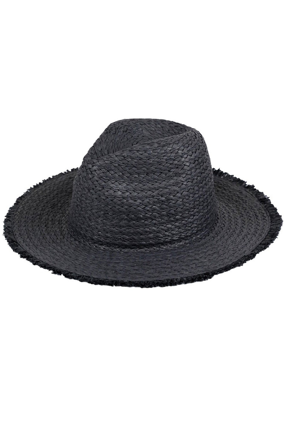 Black Frayed Solid Straw Hat features advanced fibre craftsmanship, with controlled fraying that adds texture while maintaining structure. It's a solid build that uses a unique density gradient to enhance UV protection where it's needed most. The crown design includes subtle ergonomic curves to evenly distribute pressure, and the brim is reinforced to keep its shape. The natural straw is specially treated to resist humidity and deformation, without losing its breathable quality or authentic look. 