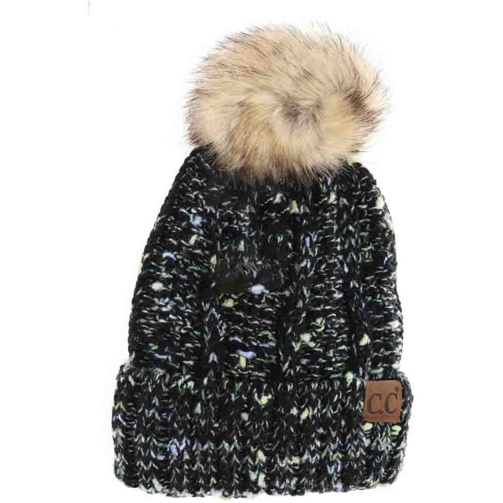 Black Fuzzy Lined Confetti Knit Fur Pom CC Beanie combines functionality and style with its soft, confetti-speckled knit exterior and cozy fuzzy lining. Designed to provide superior warmth and comfort, this beanie features a plush fur pom for an added touch of elegance. Ideal for cold weather, its high-quality construction ensures durability and lasting wear, making it an essential accessory for those seeking expert-level performance and fashionable appeal in winter headwear. 