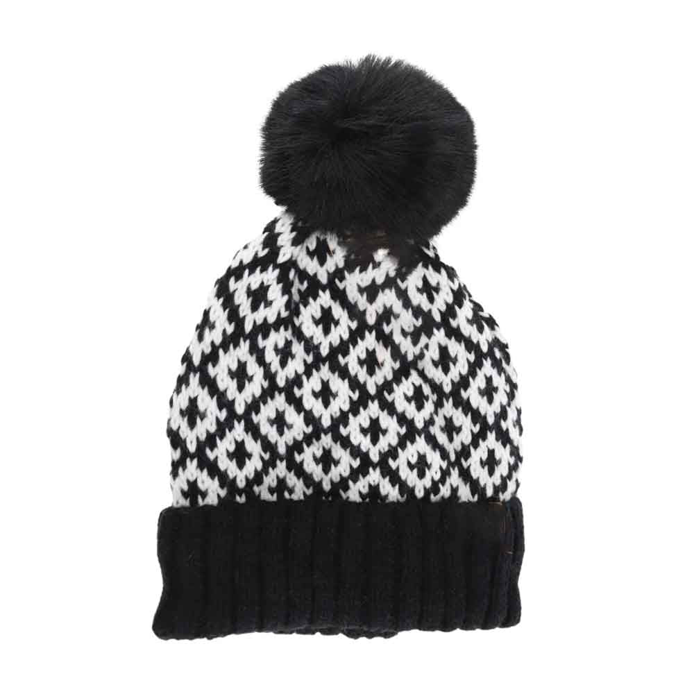 black Fuzzy Lined Diamond Patterned Faux Fur Pom C.C Beanie combines sophisticated design with practical warmth. Its soft fuzzy lining enhances insulation, while the diamond pattern adds a refined, textured look. The faux fur pom on top provides a stylish accent, making this beanie suitable for both casual wear and more polished winter ensembles. Engineered for comfort and durability, it offers expert-level quality to keep you cozy throughout the cold season. 
