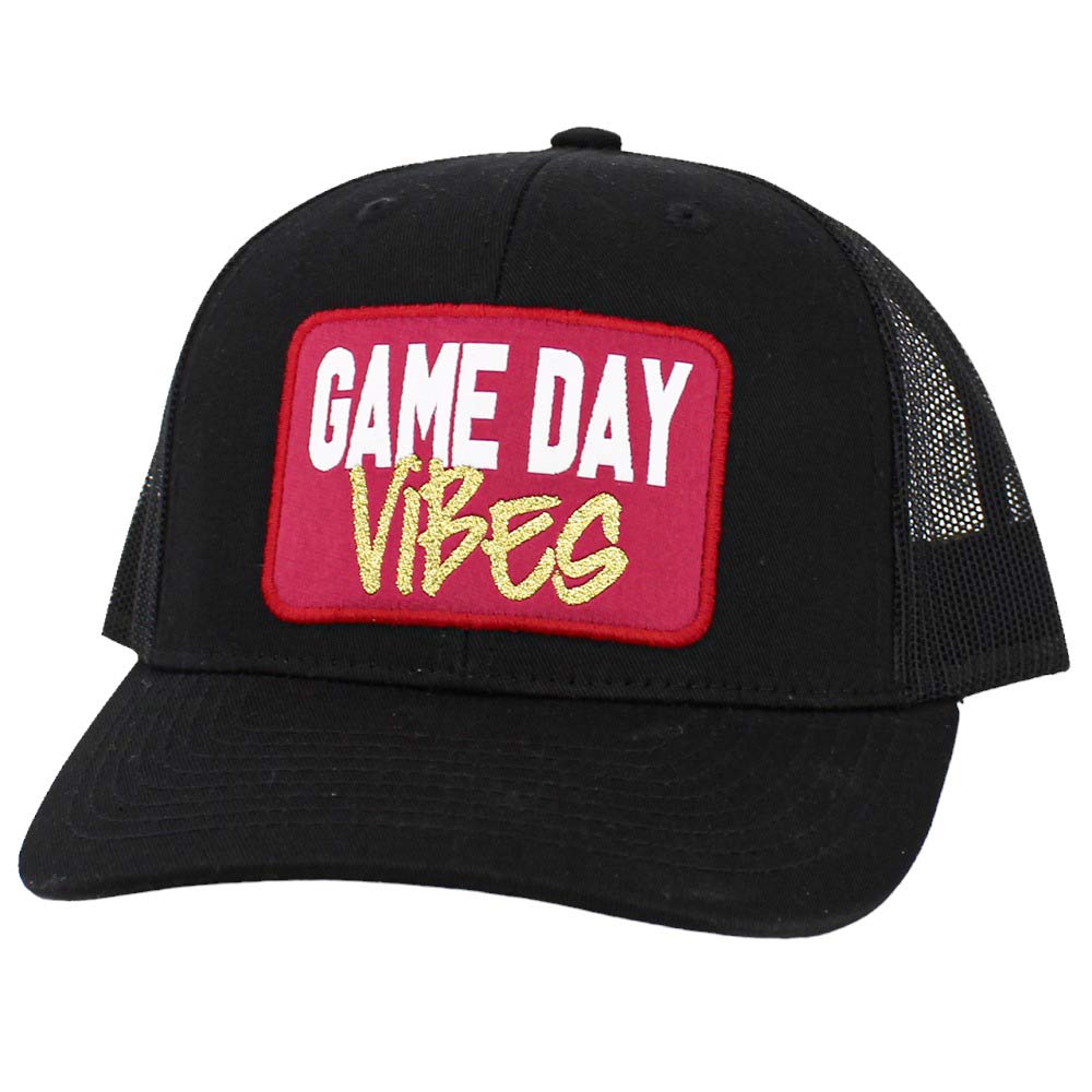 Black Game Day Vibes Message Mesh Back Baseball Cap, offers a semi-structured profile and a two-tone mesh back, perfect for entertaining your friends on game day. Its pre-curved visor and adjustable snapback closure provide a comfortable fit. The eye-catching message and detailed embroidery leave an unforgettable impression.