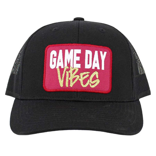 Black Game Day Vibes Message Mesh Back Baseball Cap, offers a semi-structured profile and a two-tone mesh back, perfect for entertaining your friends on game day. Its pre-curved visor and adjustable snapback closure provide a comfortable fit. The eye-catching message and detailed embroidery leave an unforgettable impression.