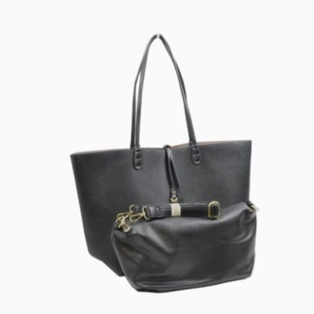 Black-Gray This classic tote bag features a smooth exterior finish with a timeless trapeze silhouette, offering an elegant look for everyday use. Designed with an open top for quick access, the spacious main compartment provides ample storage space for daily essentials. Dual slim shoulder handles are securely stitched to the upper panels, while a decorative central drawstring tie accents the front, complete with a metallic ring and matching tab accent for a polished touch.