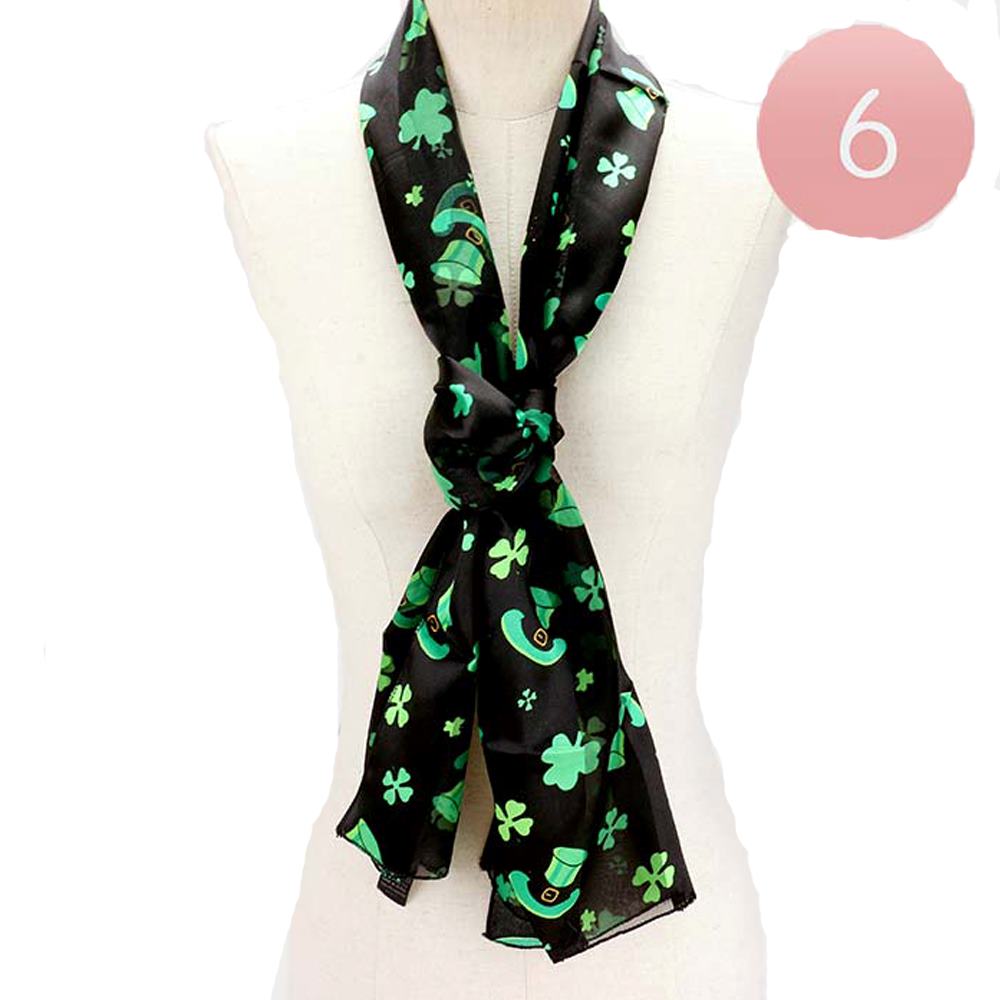 Black-Green-6pcs silk feel satin striped scarves are perfect for celebrating St. Patrick's Day in style. Each scarf features a charming clover pattern, adding a touch of luck to any outfit. Made from high-quality materials, these scarves offer a luxurious feel and vibrant colors. Elevate your holiday look with these St. Patrick's Day scarves.