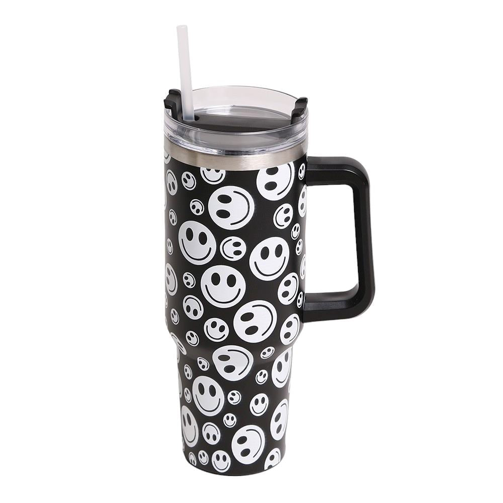 Black Happy Face Printed 40oz Stainless Steel Tumbler With Handle is perfect for keeping your drinks hot or cold for hours. Made of durable stainless steel and featuring a fun happy face print, this tumbler is a great addition to your drinkware collection. With its large 40oz capacity and convenient handle, you can enjoy your favorite beverages on the go while spreading joy and happiness.