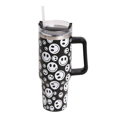 Black Happy Face Printed 40oz Stainless Steel Tumbler With Handle is perfect for keeping your drinks hot or cold for hours. Made of durable stainless steel and featuring a fun happy face print, this tumbler is a great addition to your drinkware collection. With its large 40oz capacity and convenient handle, you can enjoy your favorite beverages on the go while spreading joy and happiness.