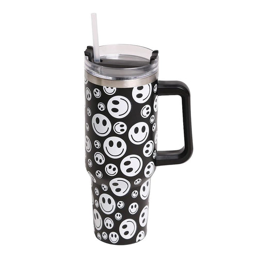 Black Happy Face Printed 40oz Stainless Steel Tumbler With Handle is perfect for keeping your drinks hot or cold for hours. Made of durable stainless steel and featuring a fun happy face print, this tumbler is a great addition to your drinkware collection. With its large 40oz capacity and convenient handle, you can enjoy your favorite beverages on the go while spreading joy and happiness.