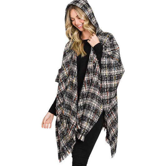 Black Hooded Plaid Check Patterned Front Pockets Fringe Ruana Poncho, this soft plaid check patterned front pockets hoodie cape hits a ‘fashion home run’- on the outside and the same inside for super warmth and comfort. You can wear it on any casual outfit! Perfect Gift for wife, mom, birthday, holiday, anniversary.