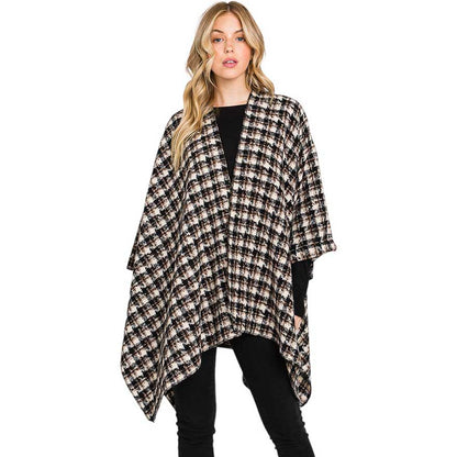 Black Houndstooth Patterned Ruana Poncho, with the latest trend in ladies' outfit cover-up! the high-quality knit ruana poncho is soft, comfortable, and warm but lightweight. It's perfect for your daily, casual, party, evening, vacation, and other special events outfits. A fantastic gift for your friends or family.