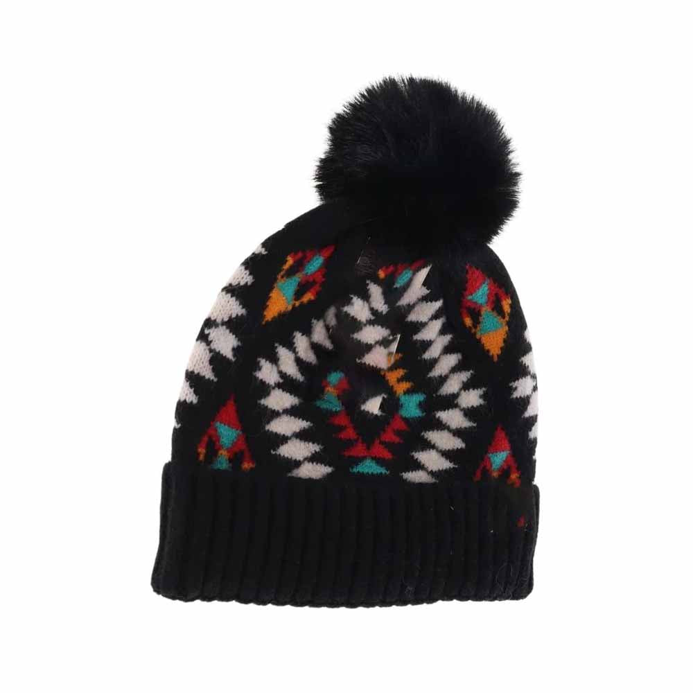 Black KIDS Aztec Patterned Faux Fur Pom C.C Beanie combines vibrant design with functional warmth. Featuring a bold Aztec pattern and a soft faux fur pom, this beanie is tailored for comfort and durability in colder weather. Its snug fit ensures effective insulation, making it an excellent choice for keeping children cozy during outdoor activities without compromising on style. 