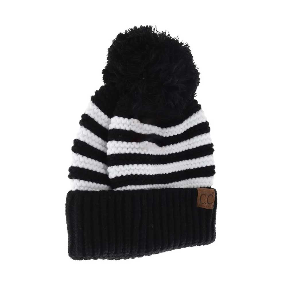 Black  Knit Pom Striped C.C Beanie combines functional warmth with refined style. Featuring a soft, high-quality knit construction and a distinctive striped design, this beanie offers reliable insulation for cold weather. The attached pom adds a classic, stylish accent, making it ideal for both casual and outdoor wear during chilly seasons. Durable and comfortable, it’s a practical accessory for expert-level cold weather protection. 