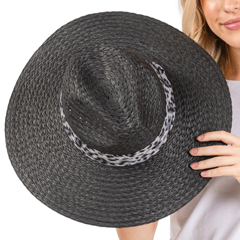 Black Leopard Band Straw Sun Hat features a leopard print band for a touch of personality. Made of durable straw, it protects from the sun's harsh rays. Stay cool and fashionable while lounging on the beach or exploring the city. 
