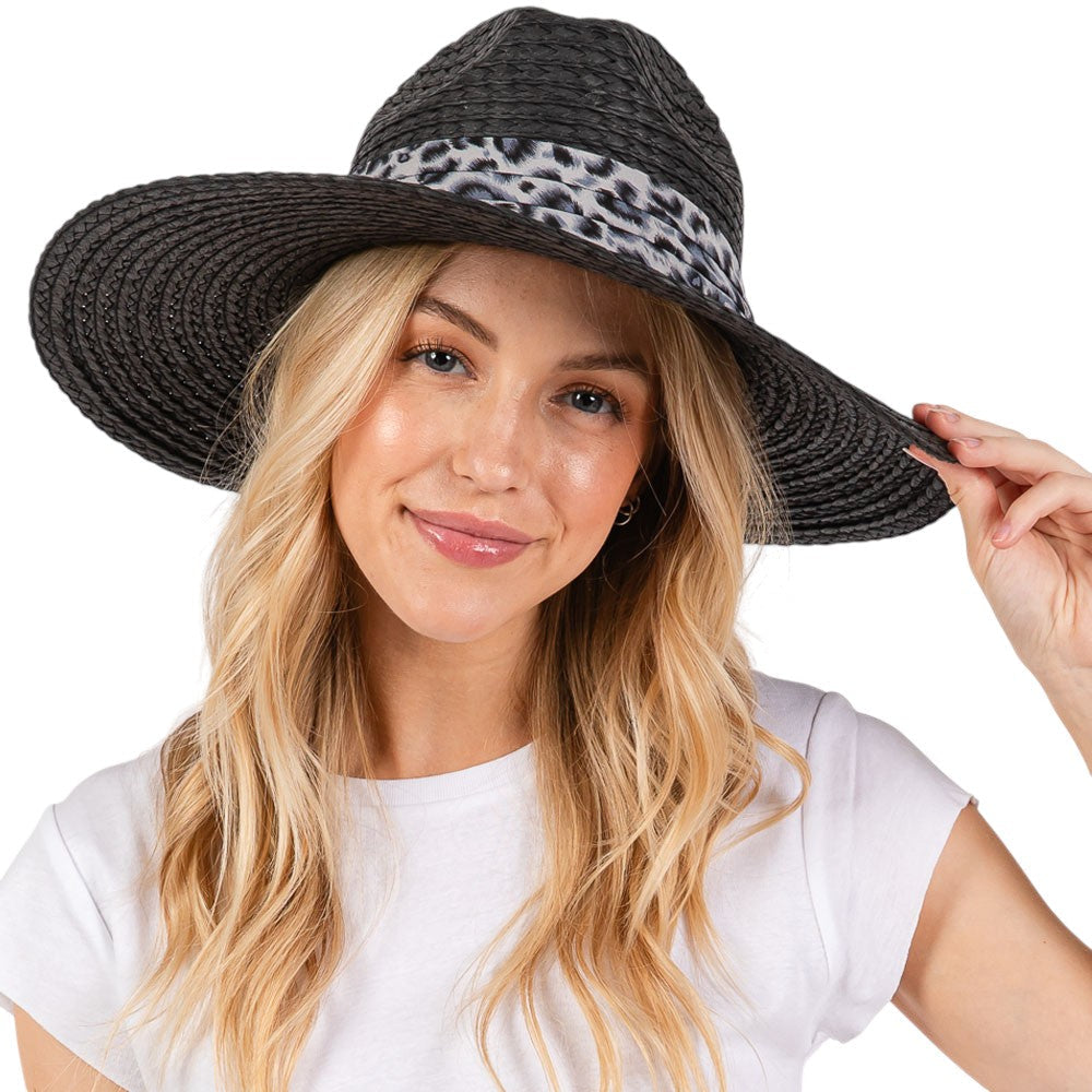Black Leopard Band Straw Sun Hat features a leopard print band for a touch of personality. Made of durable straw, it protects from the sun's harsh rays. Stay cool and fashionable while lounging on the beach or exploring the city. 