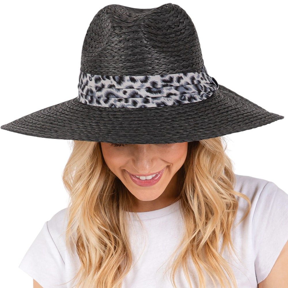 Black Leopard Band Straw Sun Hat features a leopard print band for a touch of personality. Made of durable straw, it protects from the sun's harsh rays. Stay cool and fashionable while lounging on the beach or exploring the city. 