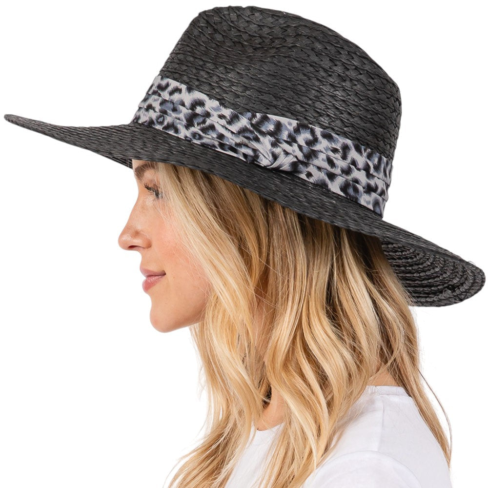 Black Leopard Band Straw Sun Hat features a leopard print band for a touch of personality. Made of durable straw, it protects from the sun's harsh rays. Stay cool and fashionable while lounging on the beach or exploring the city. 