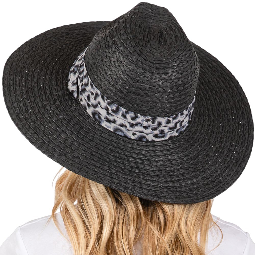 Black Leopard Band Straw Sun Hat features a leopard print band for a touch of personality. Made of durable straw, it protects from the sun's harsh rays. Stay cool and fashionable while lounging on the beach or exploring the city. 