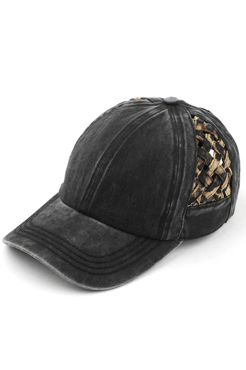 Black-Leopard- C.C WEAVON BASKET CRISS-CROSS PONYCAP is a stylish and functional accessory for any outfit. Made with high-quality materials, this cap features a unique criss-cross design, providing both style and comfort. Stay protected from the sun while looking your best with this trendy ponycap.