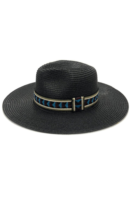 Black Multi Color Aztec Band Panama Hat combines traditional weaving techniques with contemporary design elements. The distinctive Aztec pattern band showcases vibrant hues against the classic Panama silhouette, creating a statement accessory with ethnographic influence. The lightweight, breathable construction offers UPF protection while maintaining proper ventilation—ideal for discerning customers seeking both functionality and distinctive style in their summer headwear collection. 